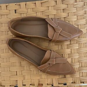 Flattered Tan Leather Flats with Bow Detail
